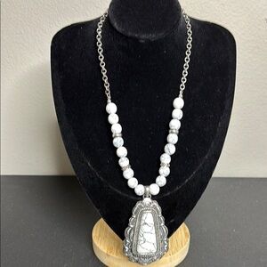 Western Boho Statement Beaded Silver and White Pendant Necklace